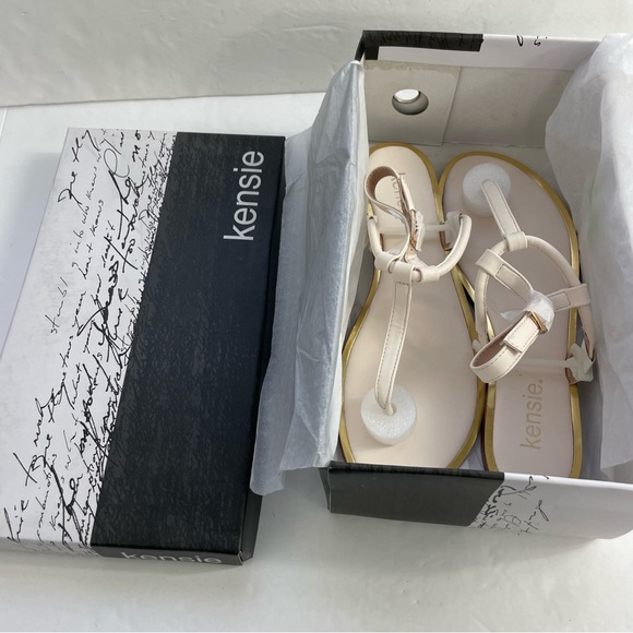 Kensie Bradie Off-White Flat Thong Slingback Sandal Metallic Gold-Tone Rim‎ - Picture 2 of 9